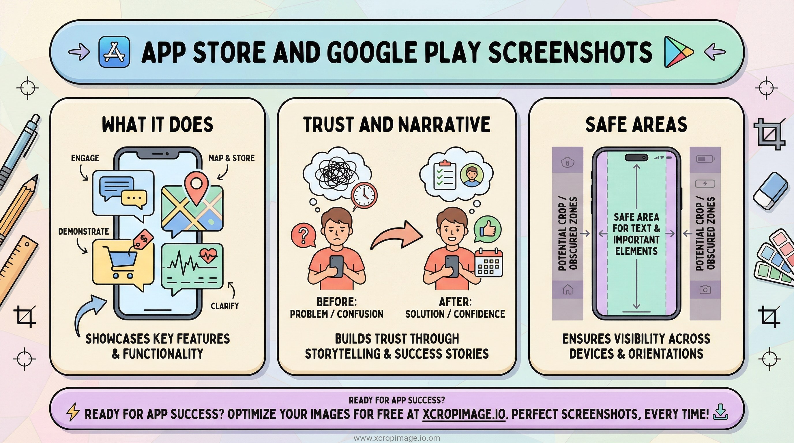 App Store and Google Play screenshots: layout for trust and feature emphasis.