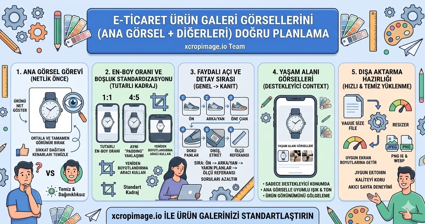 E-ticaret ürün galeri görsellerini ana görsel ve diğerleri doğru planlama.