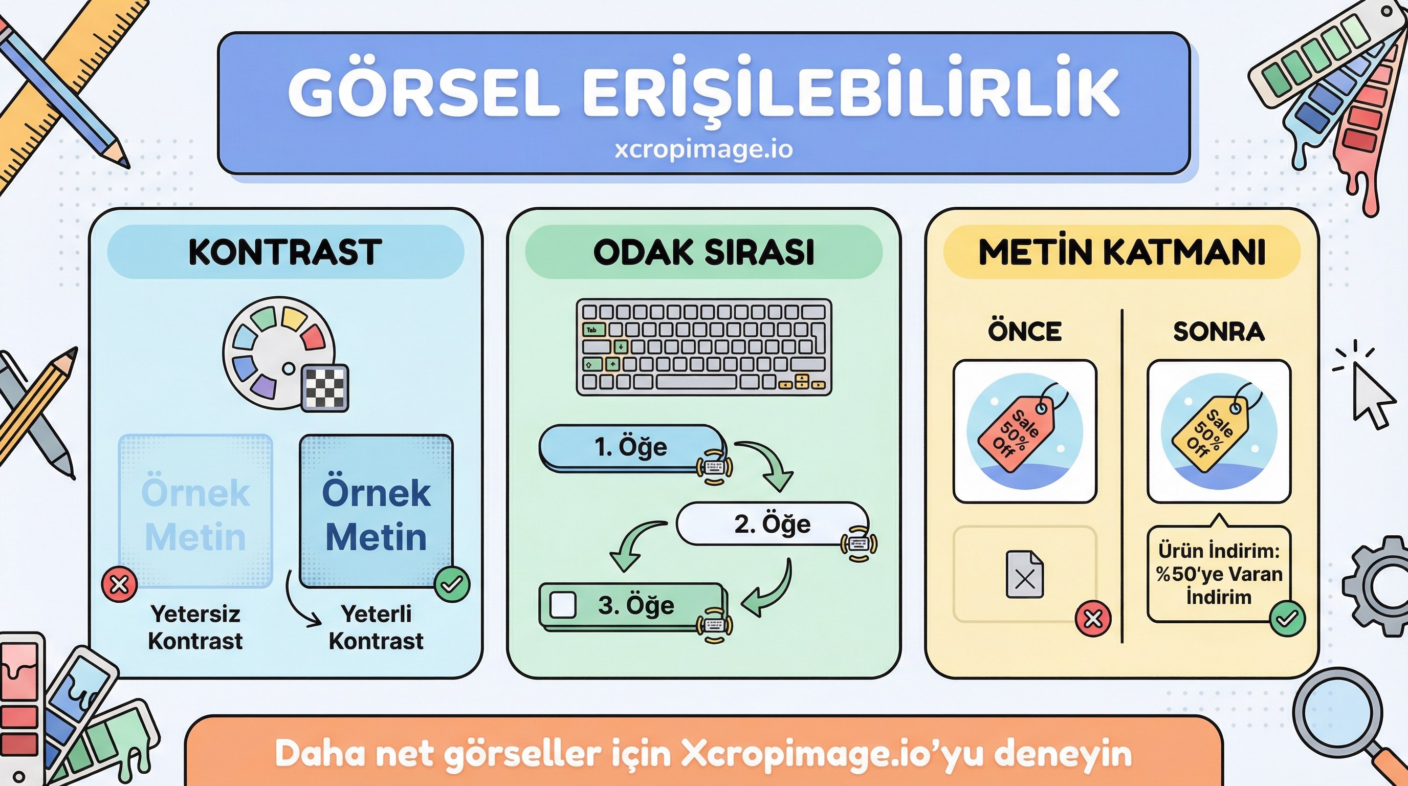 Görsel erişilebilirlik: alt metnin ötesinde kontrast, metin katmanı ve odak sırası