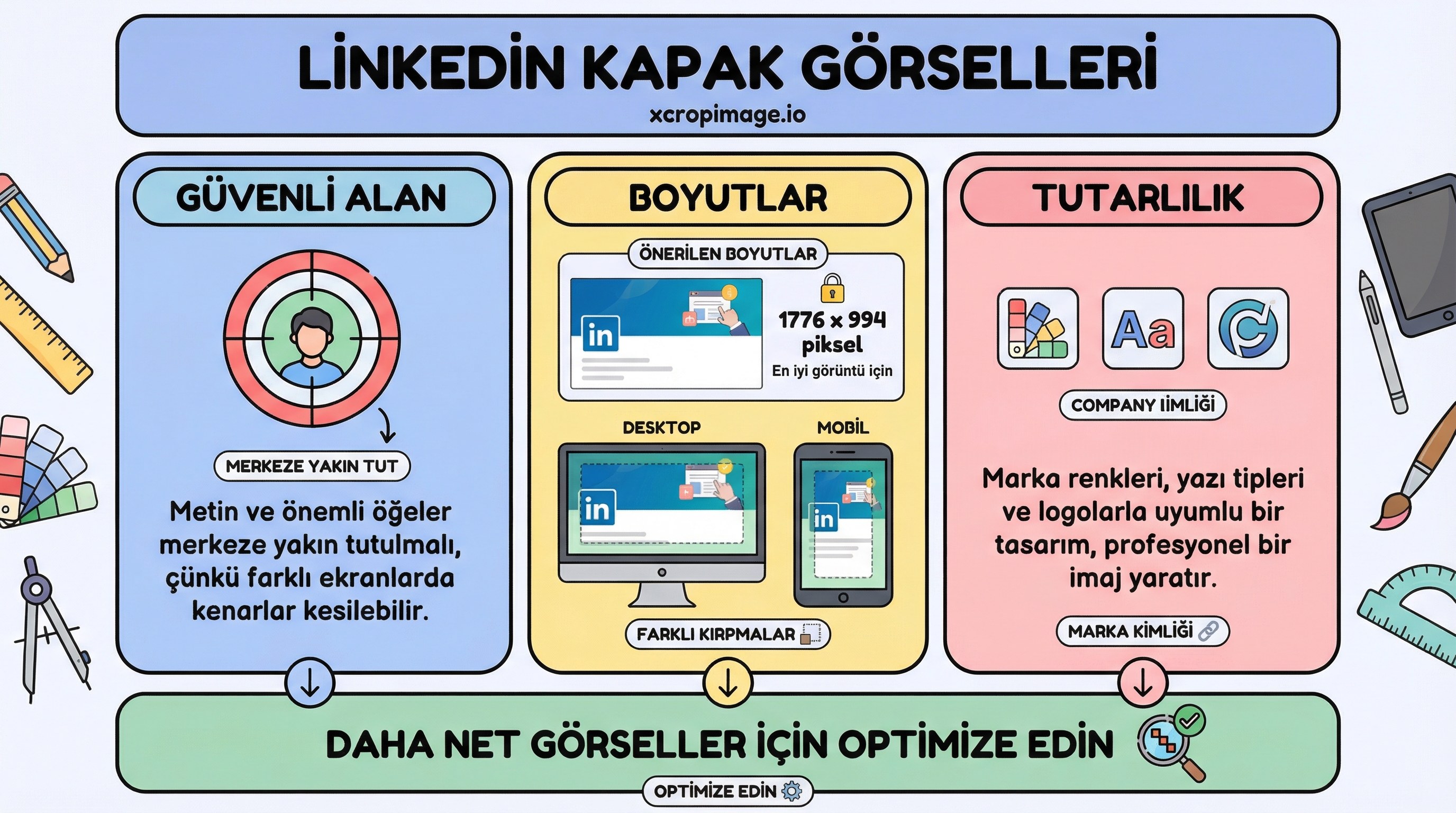 LinkedIn makale ve etkinlik kapakları: metin alanı ve güvenli alan planlaması.