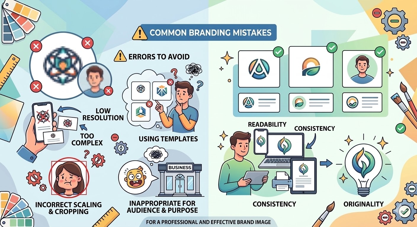 Common mistakes when choosing logo and profile photo: size, aspect ratio, sharpness, and consistency.
