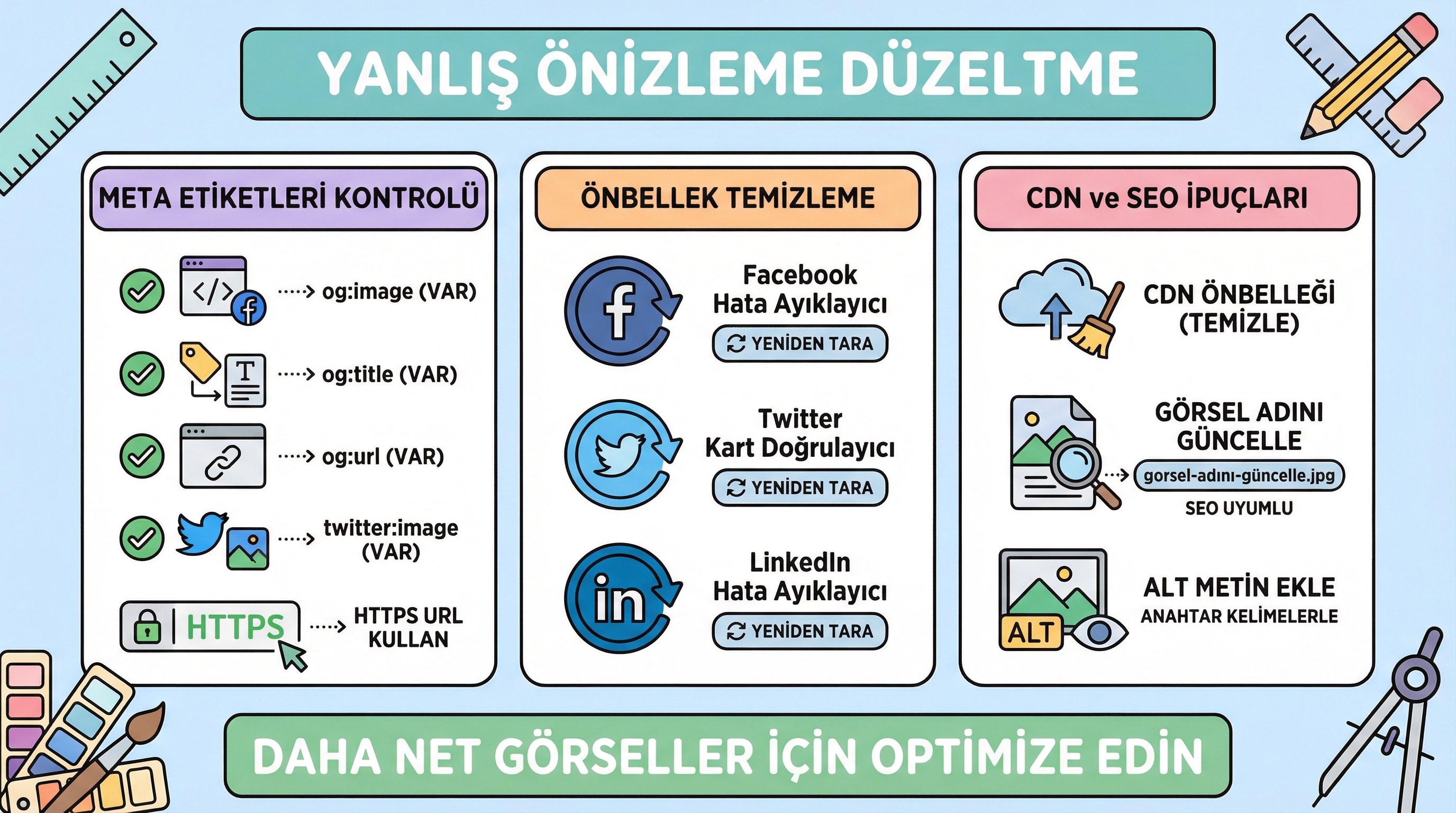 Open Graph ve Twitter Card önizlemeleri: yanlış görsel çıktığında hata ayıklama kontrol listesi.