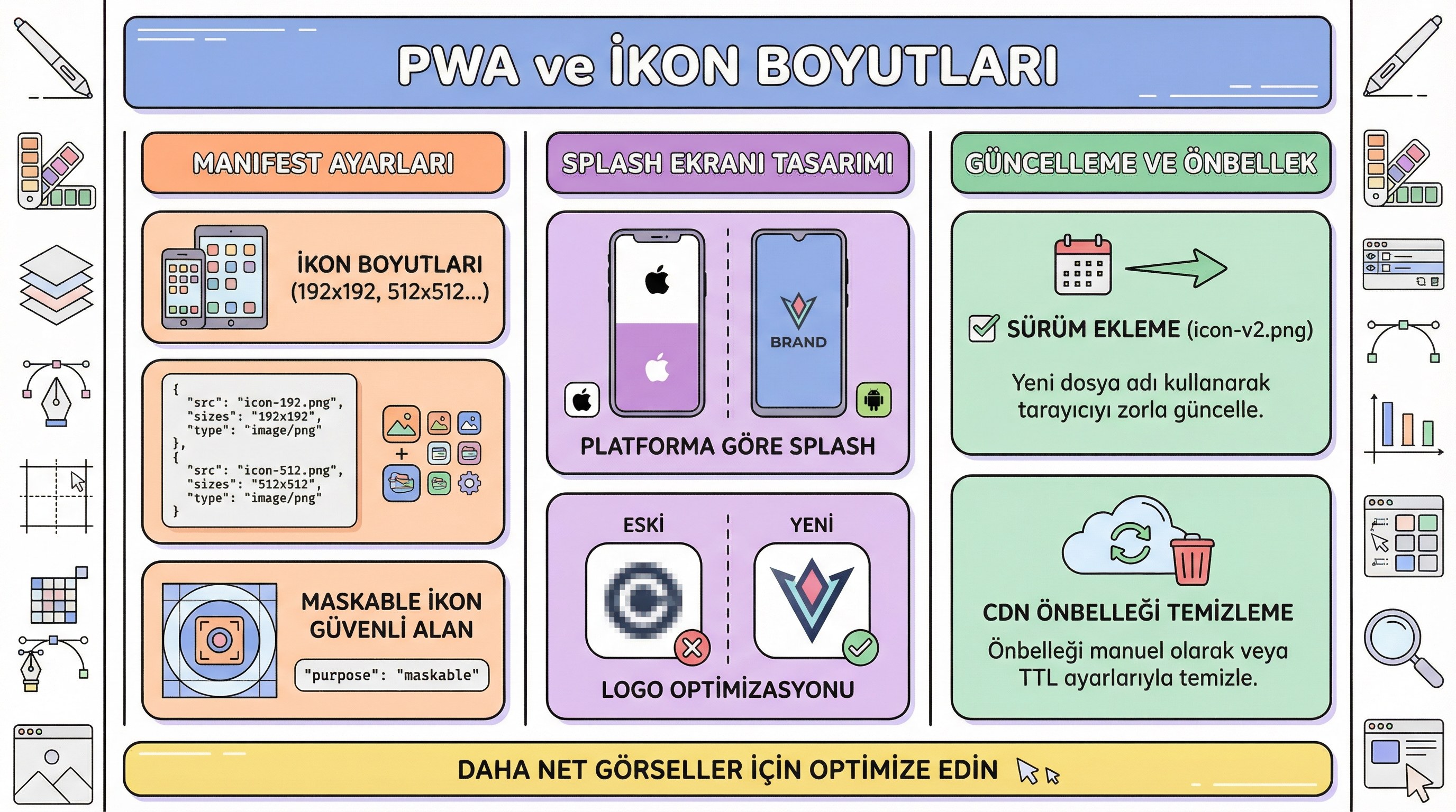 PWA ve mobil uygulama: splash ekranı ve ikon setlerinde görsel ölçekleme.