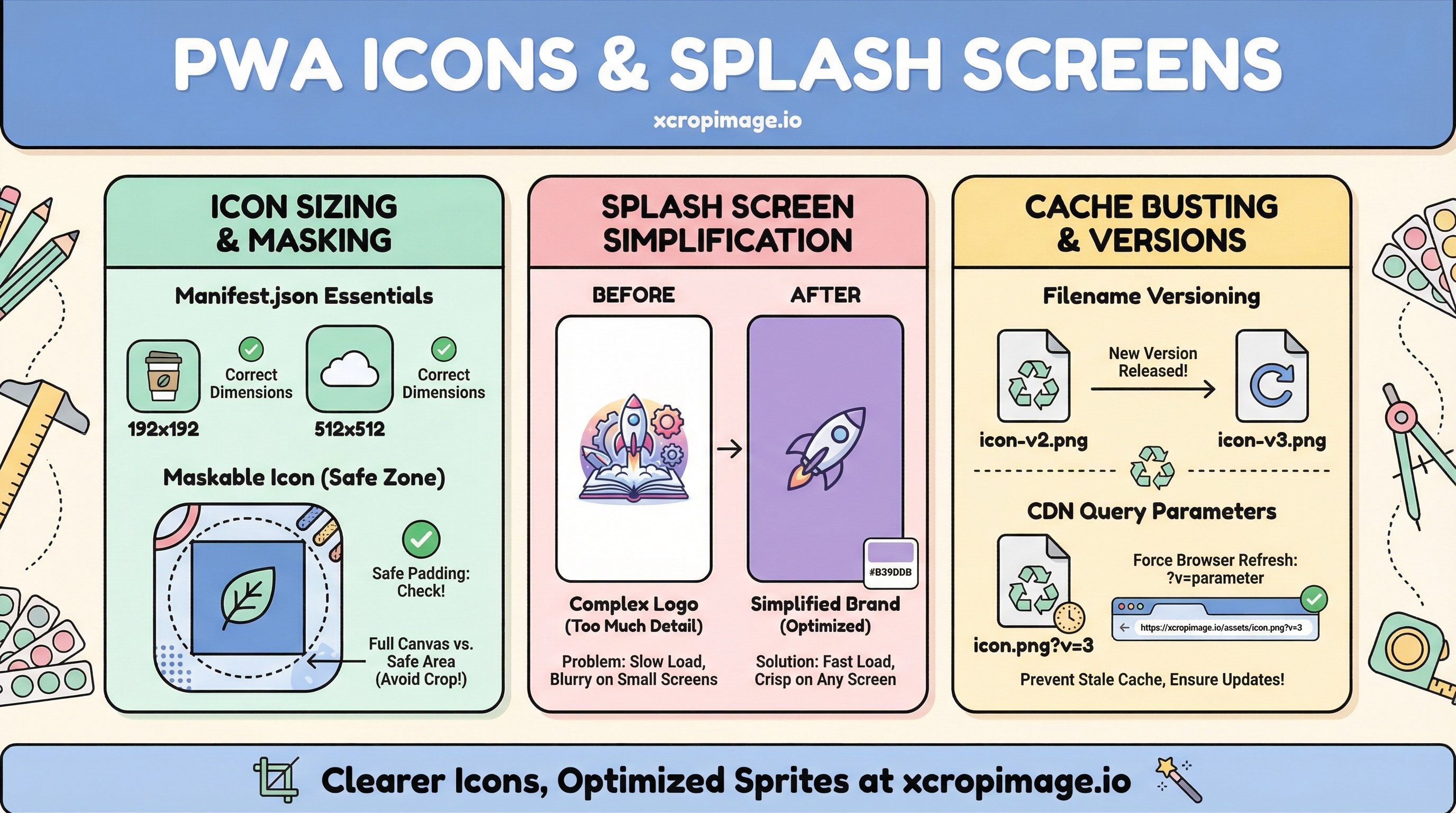 PWA and mobile apps: splash screens and scaling icon sets.
