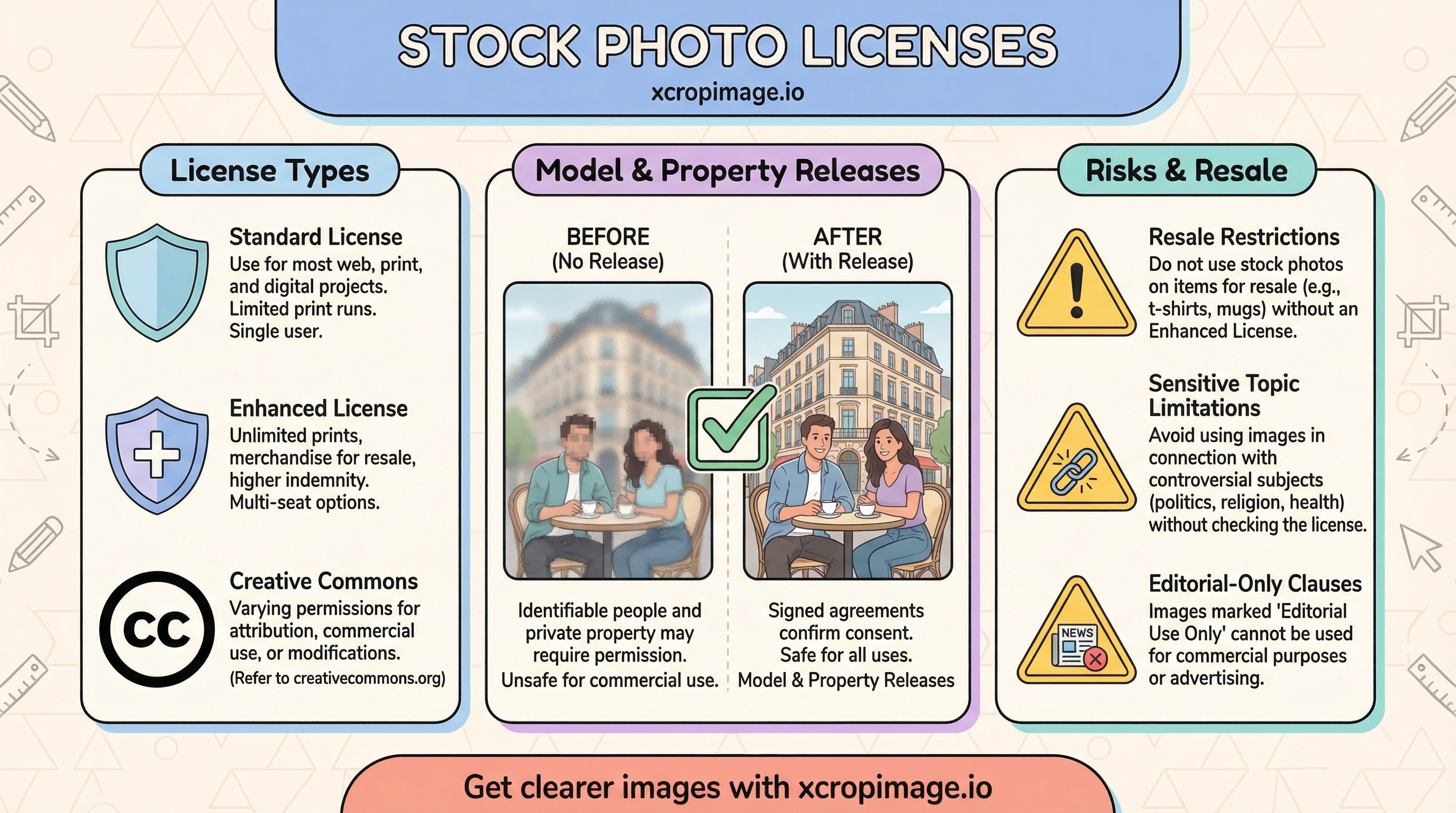 Stock photo licenses: commercial use, model releases, and resale.