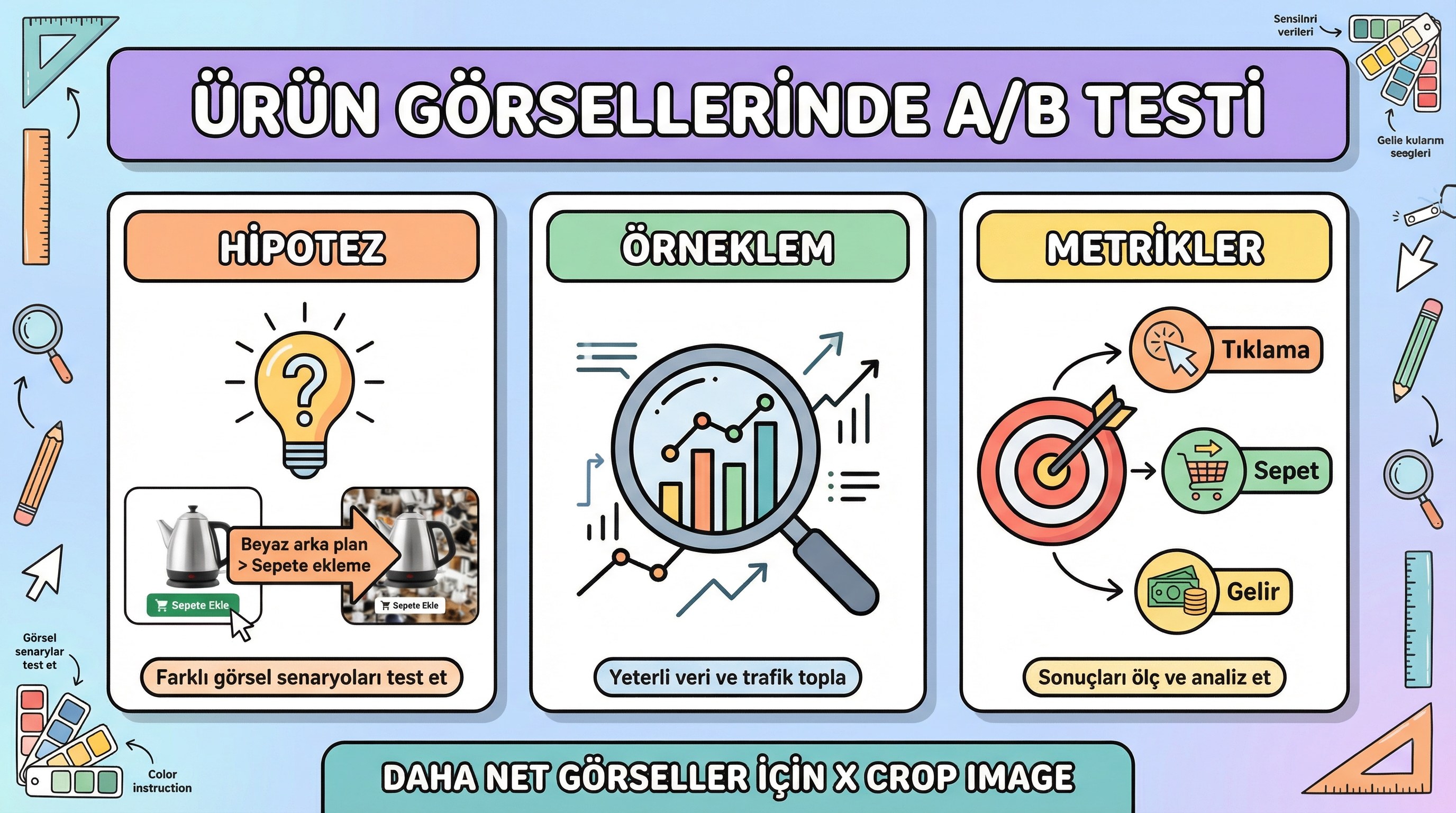 Ürün görsellerinde A/B testi: hipotez, örneklem ve metrik seçimi.